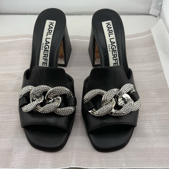 Karl Lagerfeld Black Mules with Crystal Bow and Block Heel - Picture 2 of 5